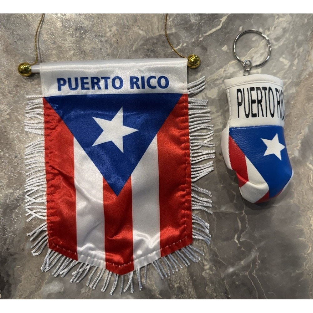 Puerto Rico Flag Mini Pennant & Boxing Glove Keychain Set Red White Blue
